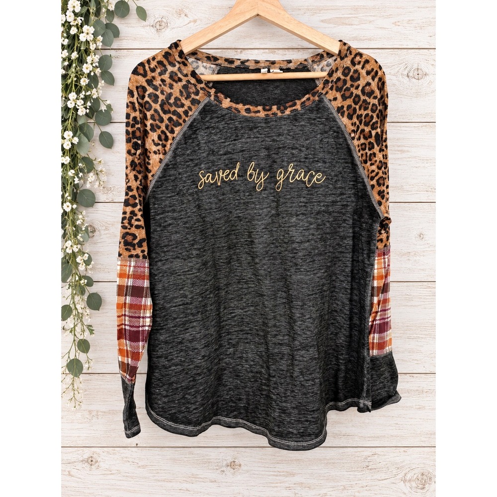 Cato Top Women Large Gray Saved By Grace Leopard Plaid Raglan Sleeve Mixed Media